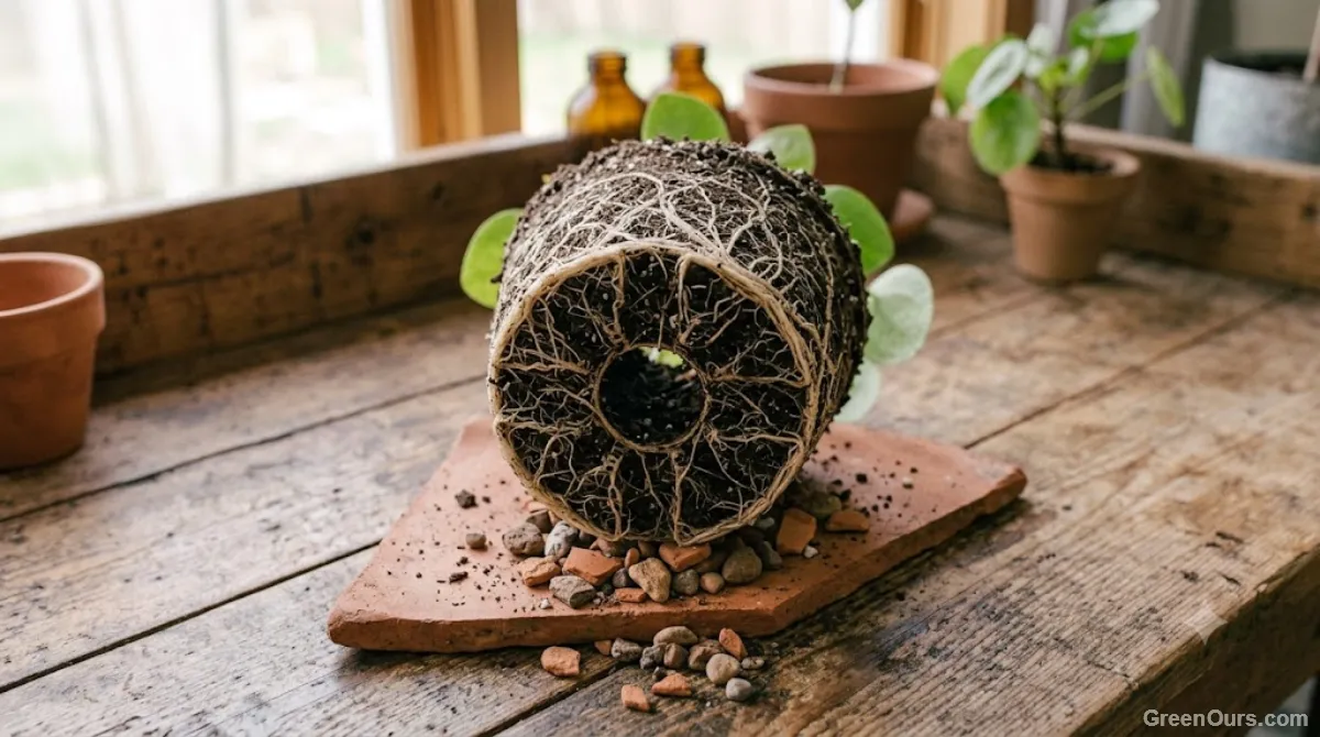 Healthy plant roots and visible drainage layer at the base of an unpotted rootball