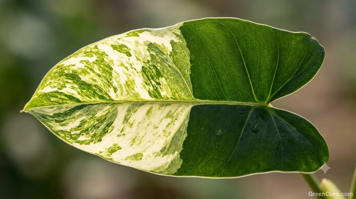 Clean pruning shears cutting a reverted green stem off a variegated houseplant just above a patterned node