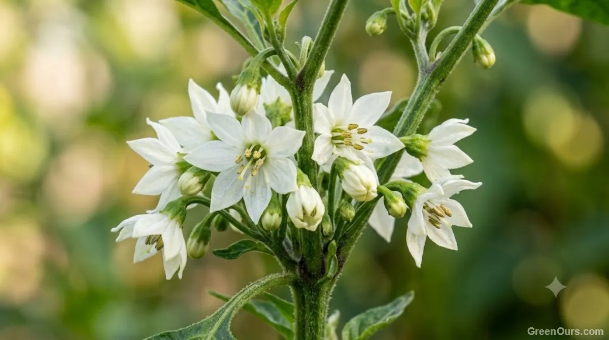 Small soft brush gently touching the center of an open chili pepper flower for hand pollination