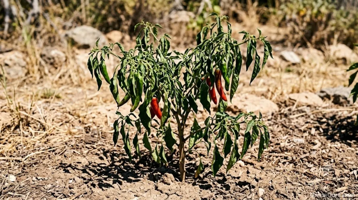 Young green chili peppers forming among flowers on a healthy pepper plant