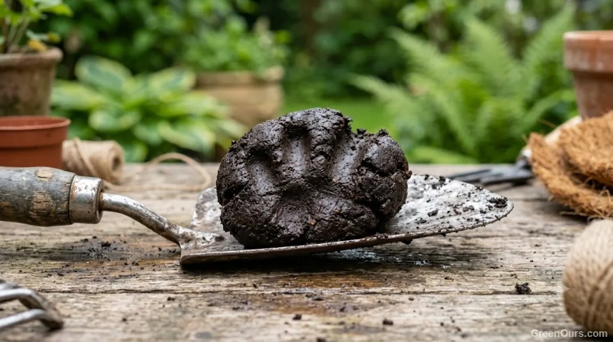 Gardener turning a compost pile with a fork, revealing darker broken-down material underneath