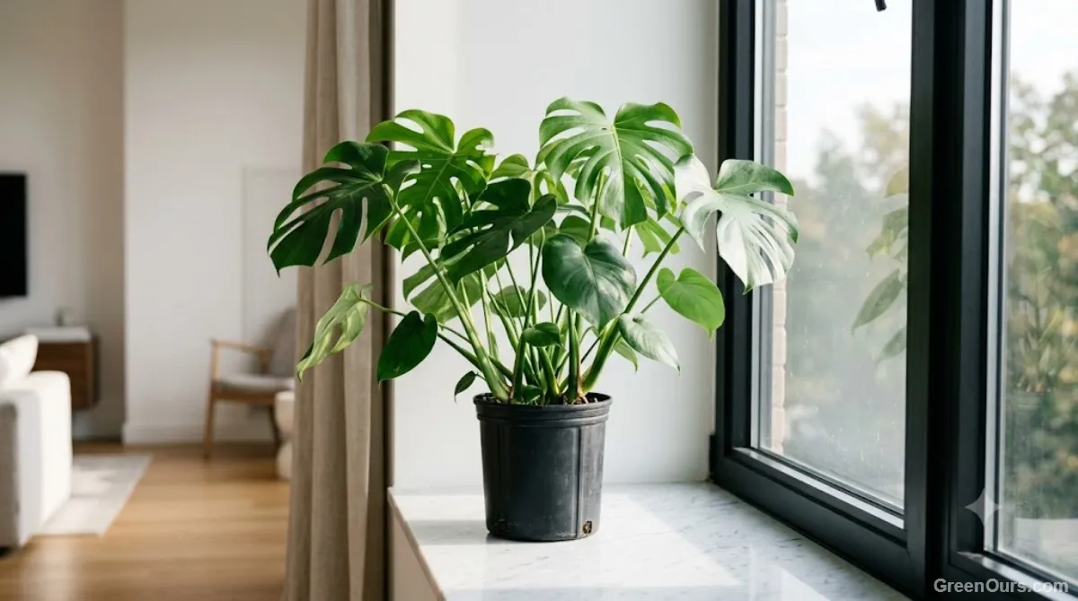 Close-up of a small new leaf beginning to unfurl on a recovering houseplant