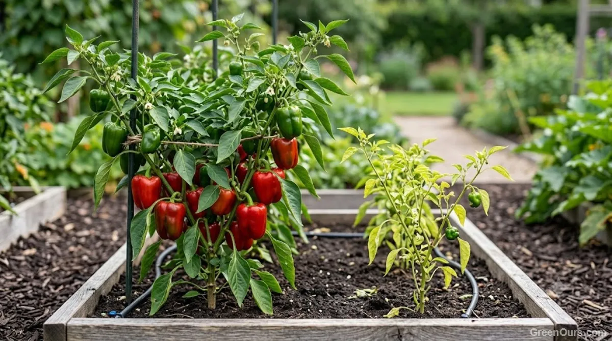 Gardener applying balanced granular fertilizer around the base of a pepper plant