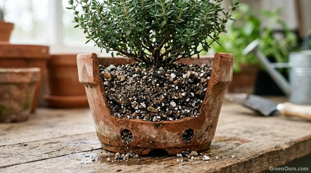 Thyme growing in a terracotta pot with visible drainage holes and gritty, well-draining soil