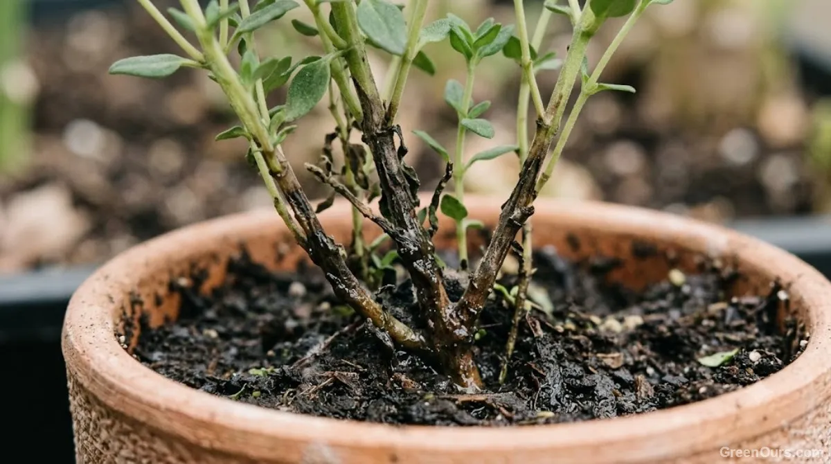 Close-up of thyme stems showing dark, softened growth near the base from overwatering