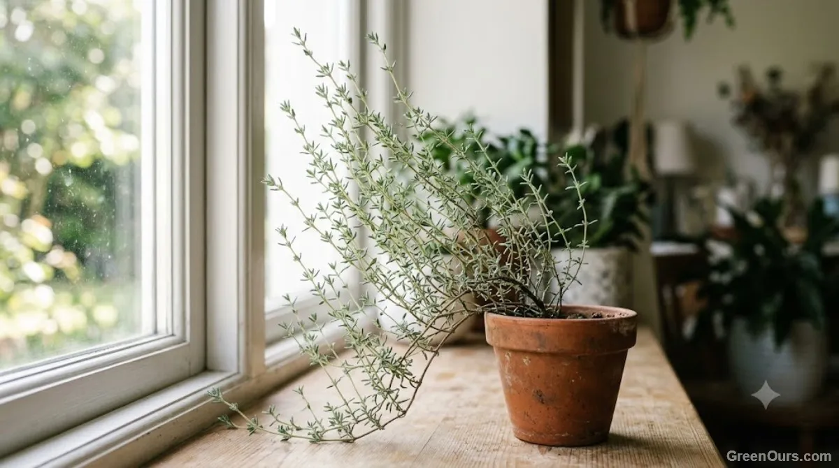 Thyme plant with sparse, stretched stems leaning toward a window