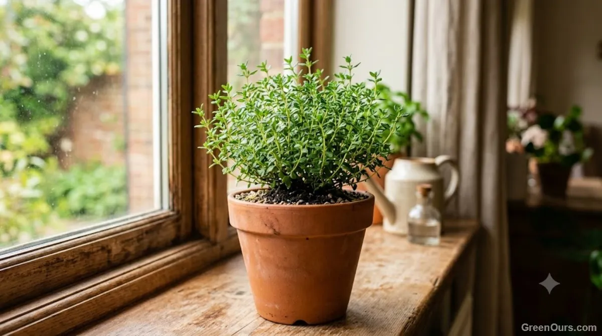 Freshly repotted thyme plant in a new terracotta pot with fresh soil