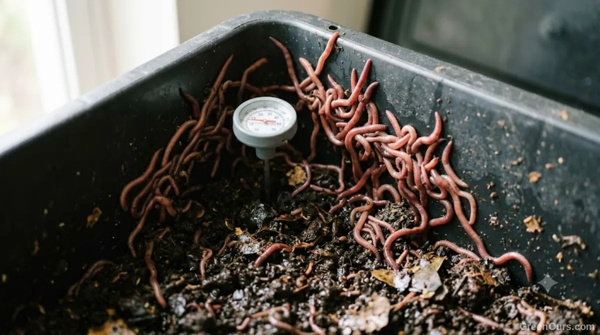 Worms clustered near the surface and edges of a worm bin during hot weather