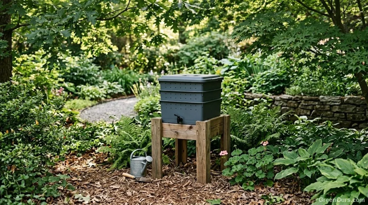 Worm bin relocated to a shaded, elevated spot away from direct sun