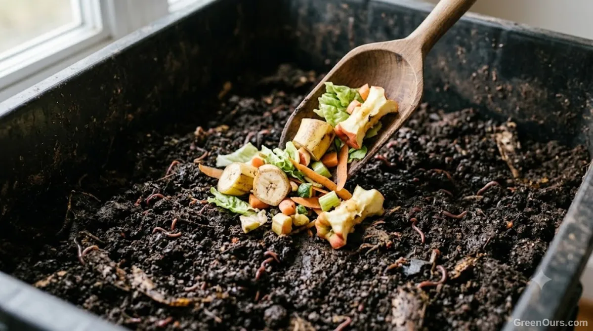 Small, drier scoop of food scraps being added to worm bin bedding