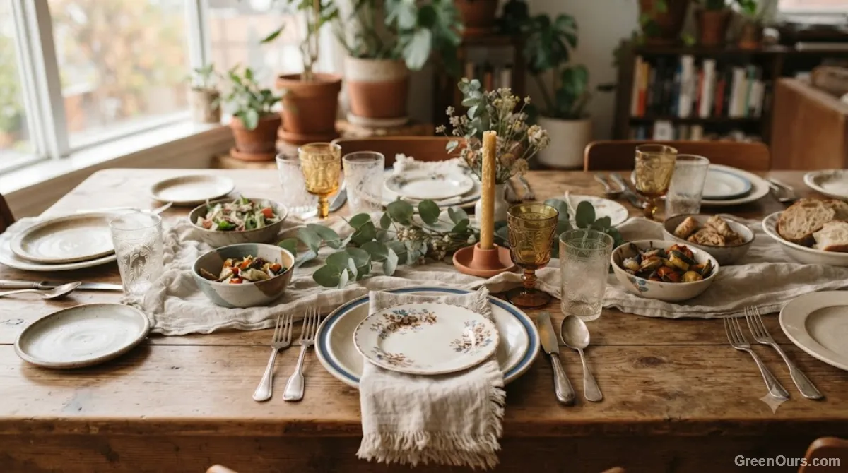 Mismatched secondhand plates and glasses set out on a table for a casual dinner