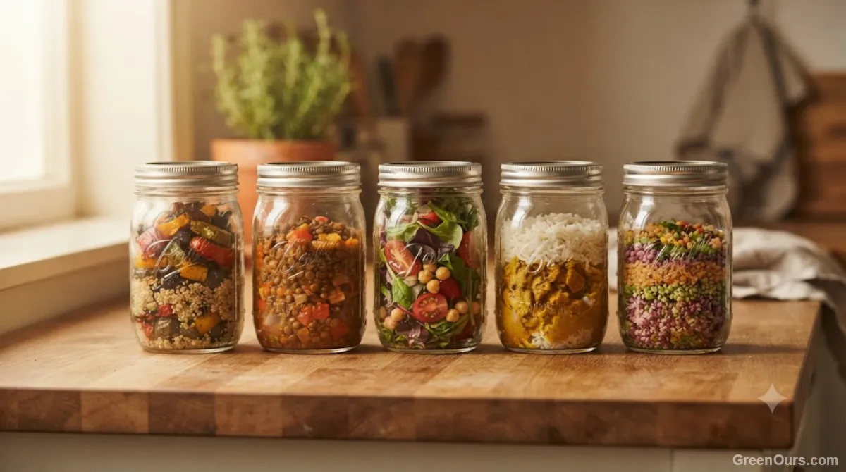 Glass jars filled with leftover food ready for guests to take home after a dinner