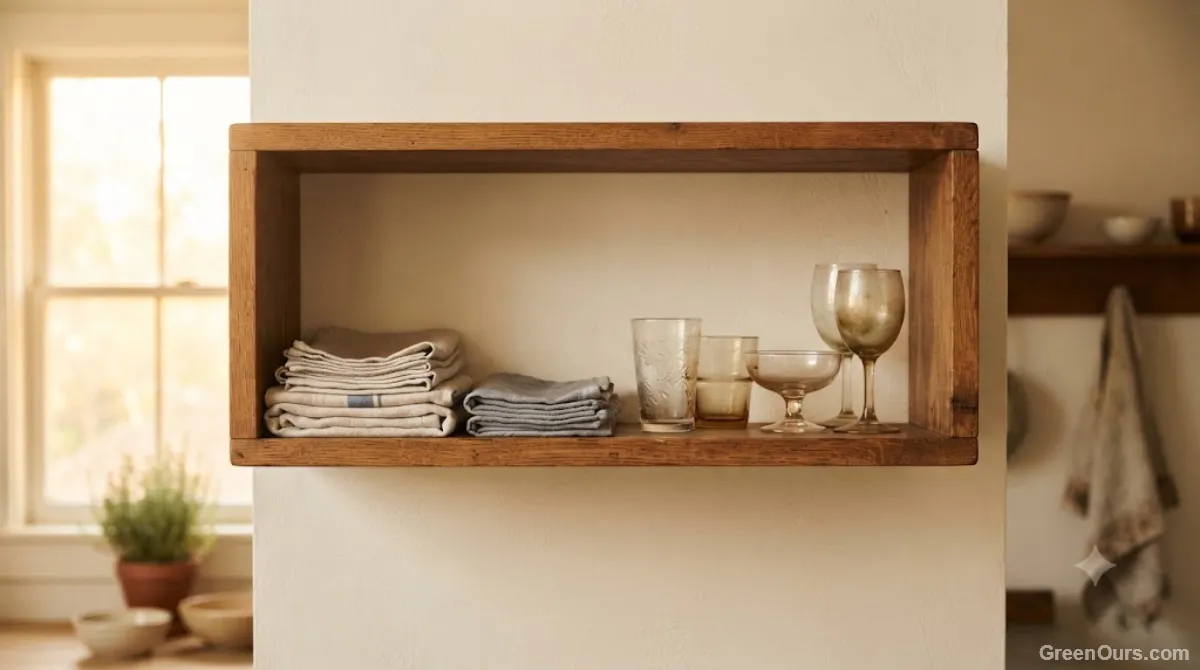 A small kitchen shelf stocked with folded cloth napkins and stacked secondhand glasses