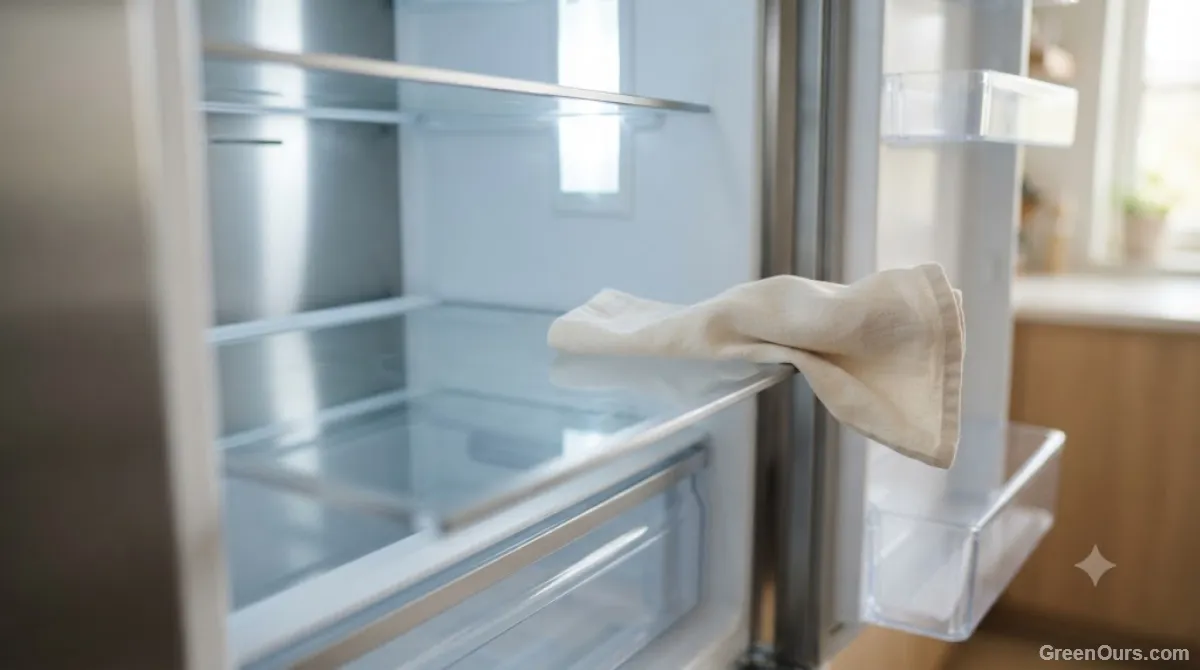 Hands wiping down an empty refrigerator shelf during a fridge reset
