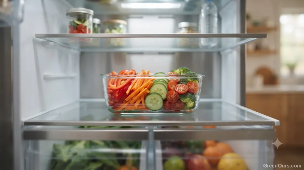 Clear glass container of prepped vegetables placed at eye level in a refrigerator