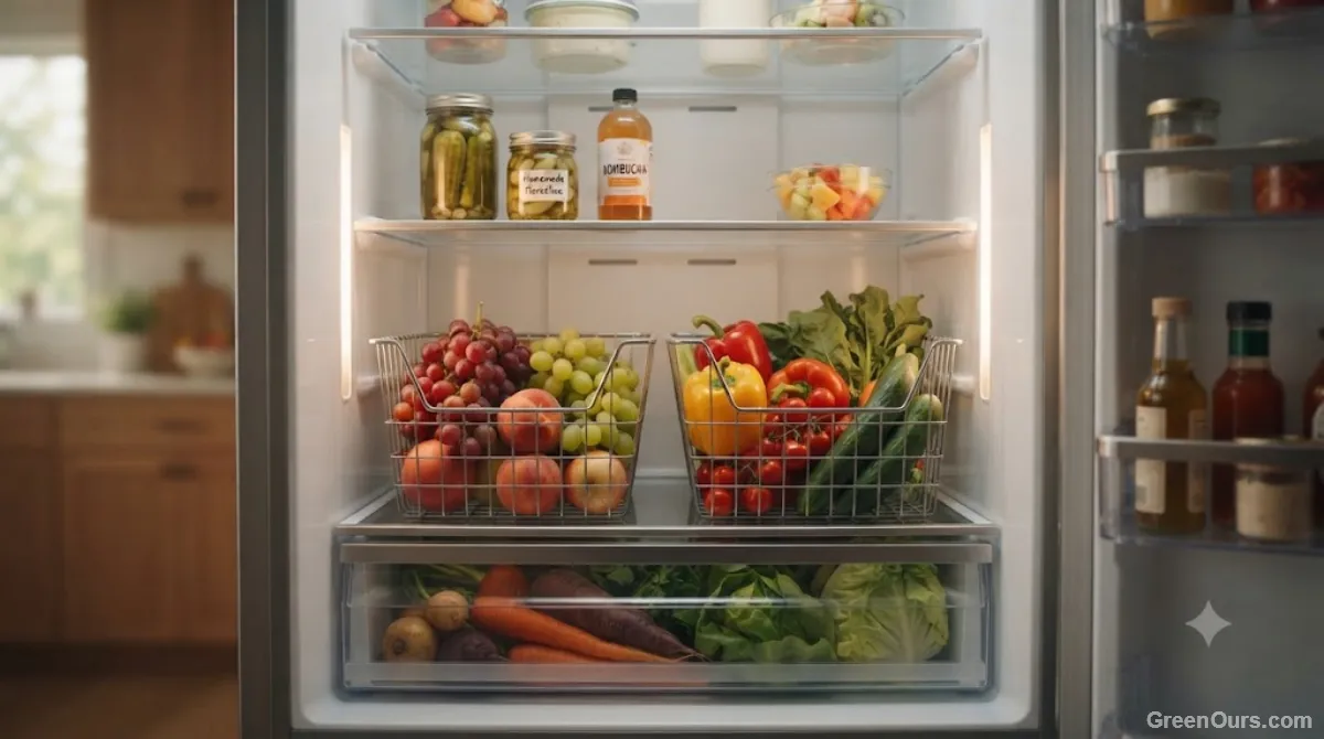 Organized refrigerator shelf with visible produce stored in open bins