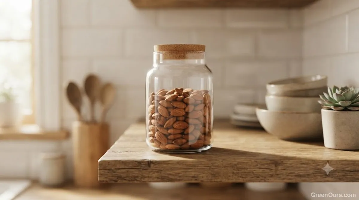 A simple kitchen counter with a glass jar of pasta, a folded cloth towel, and a small compost bin