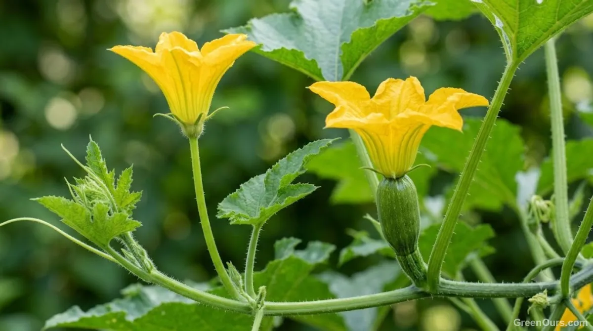 Small shriveled zucchini fruit still attached to a wilting yellow flower