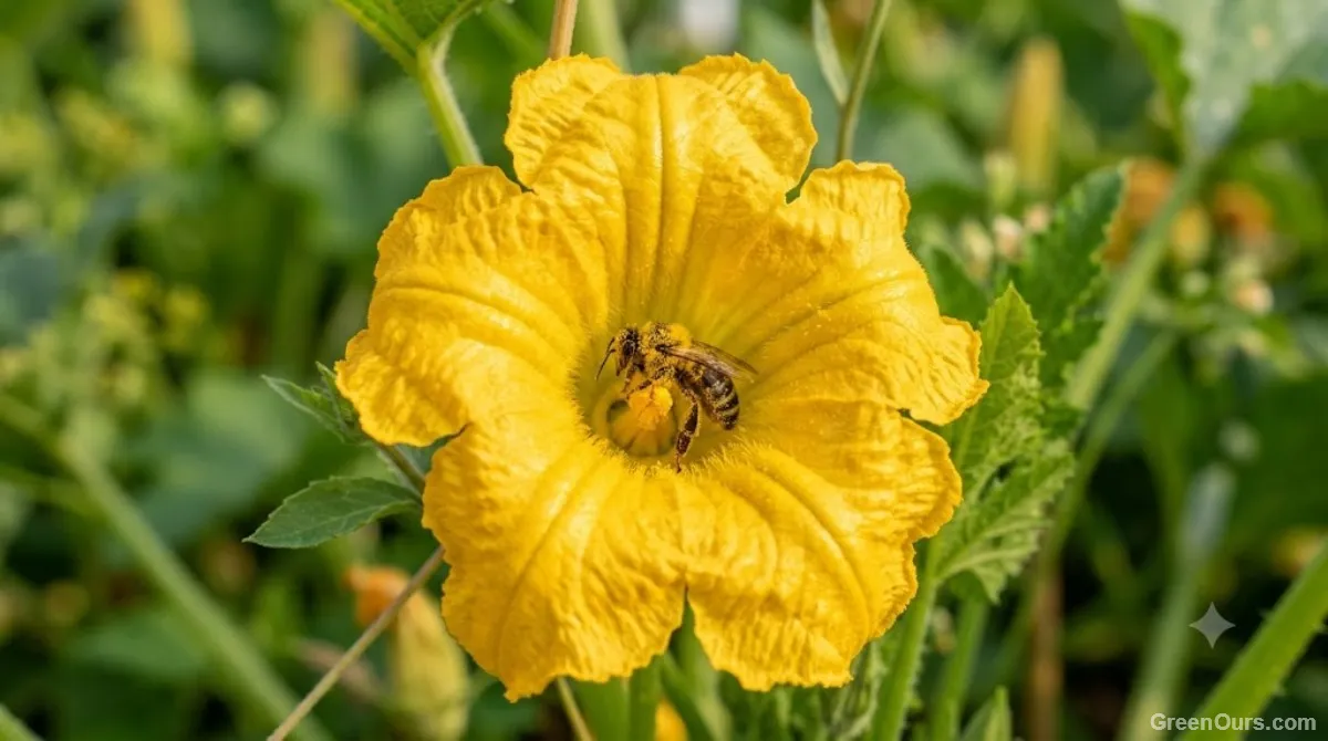 Bee visiting an open yellow zucchini blossom in a vegetable garden