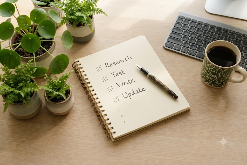 Notebook with research, test, write, and update notes next to a coffee mug and plants