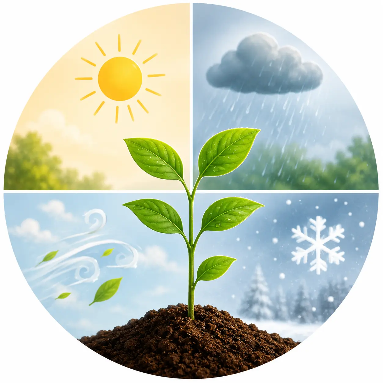 A young seedling shown against sun, rain, wind, and frost icons
