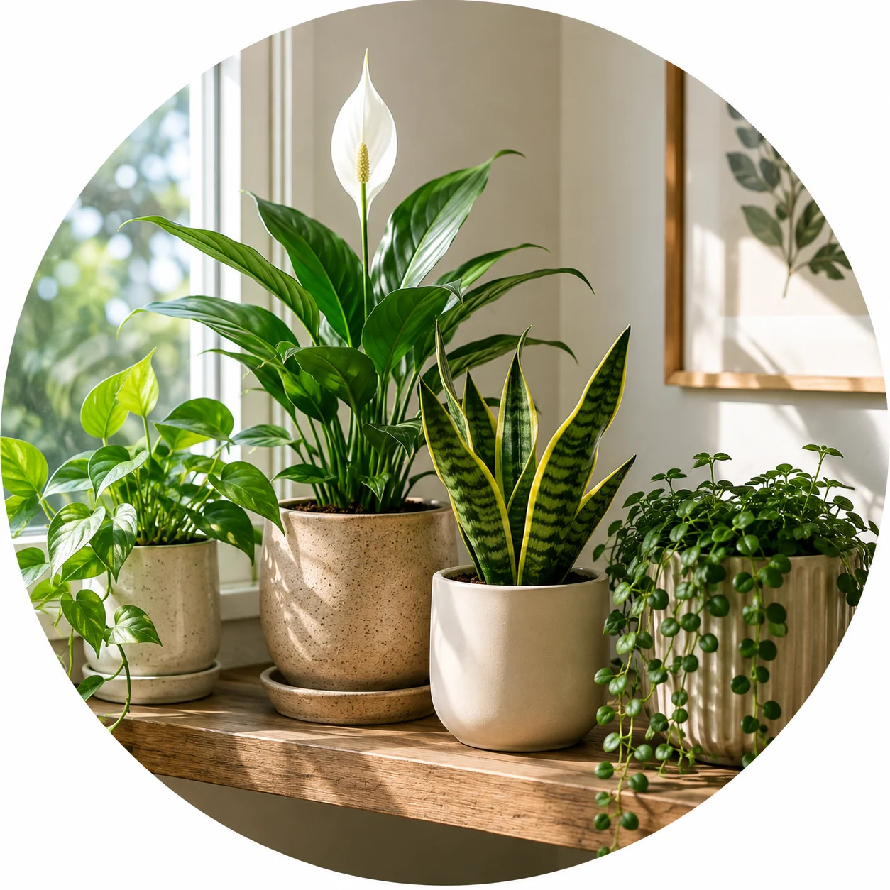 Houseplants including a snake plant and pothos on a sunlit windowsill