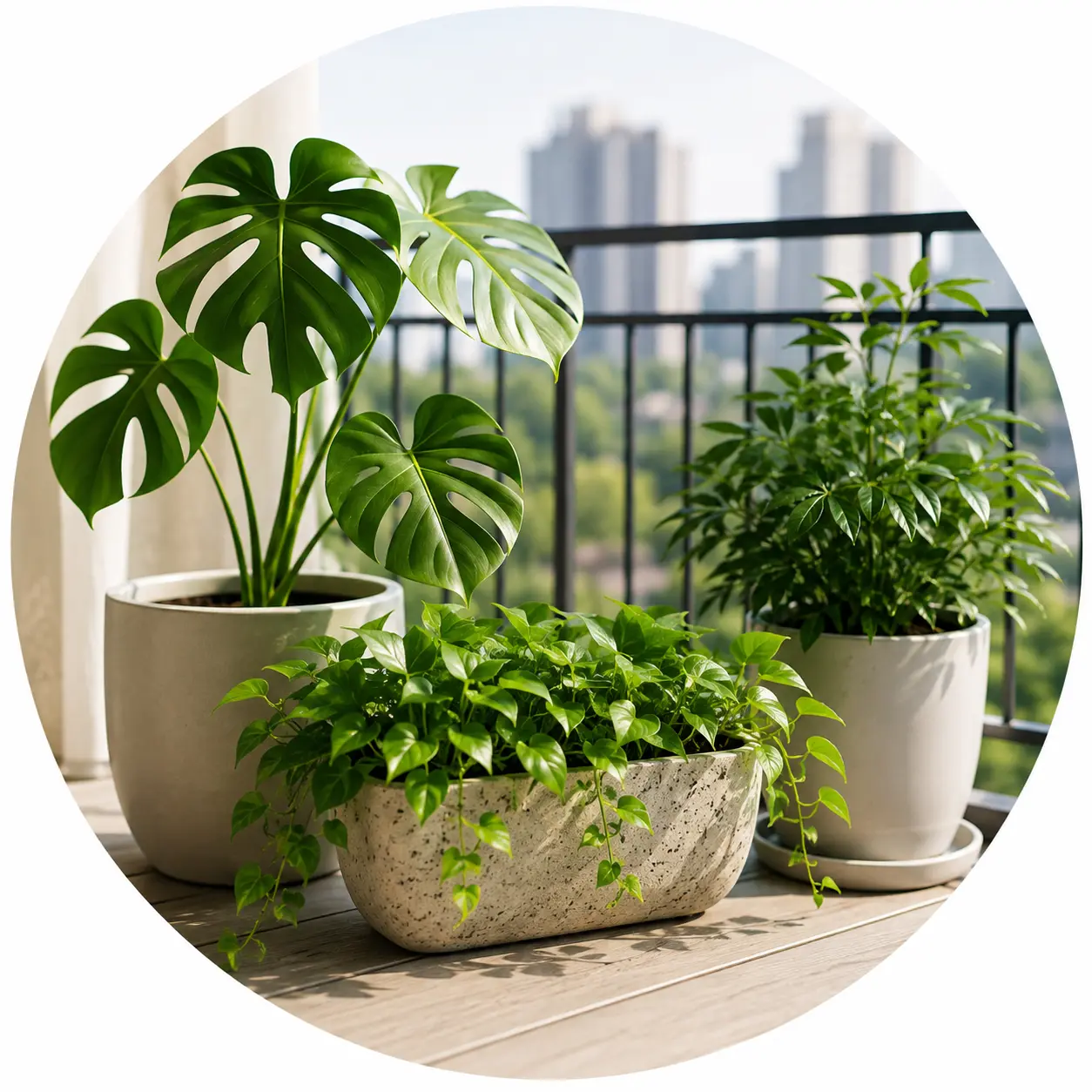 Monstera and herb planters on a balcony overlooking the city