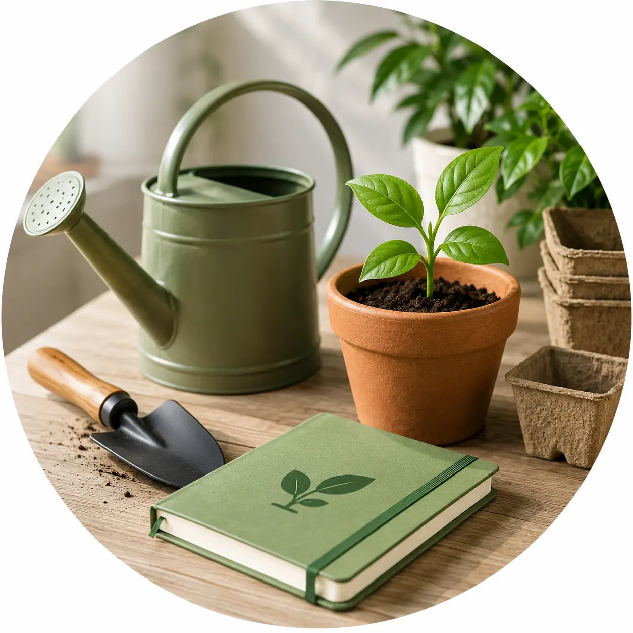 A watering can, trowel, and guidebook beside a potted seedling